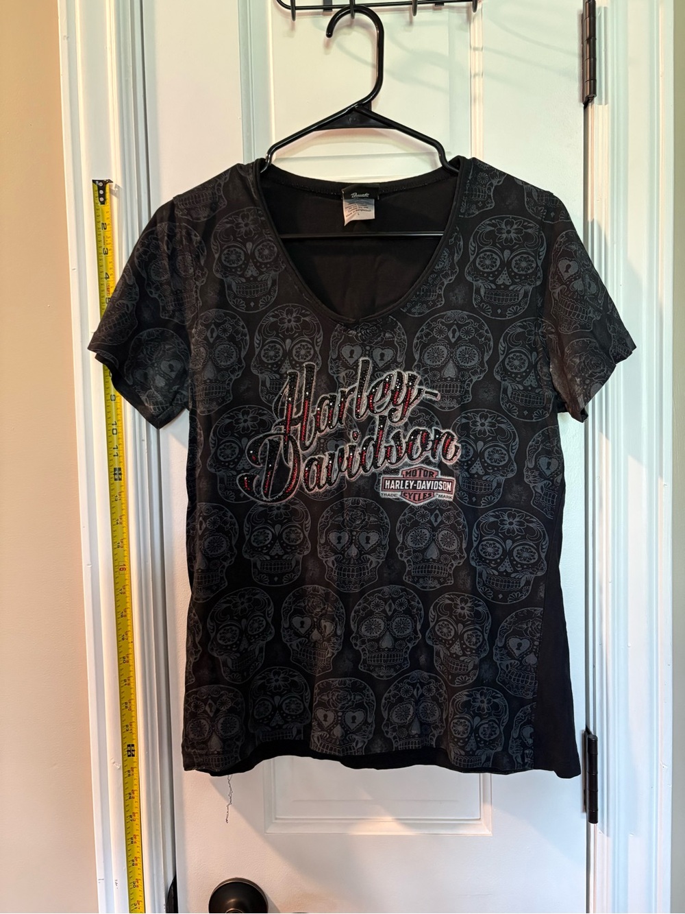 Harley-Davidson Black V-Neck Tee with Subtle Gray Skull Pattern